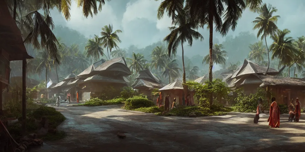 Image similar to kerala village, architecture by zaha hadid, sharp focus, wide shot, trending on artstation, masterpiece, by greg rutkowski, by ross tran, by fenghua zhong, octane, soft render, ultrarealistic, colorful, cinematic