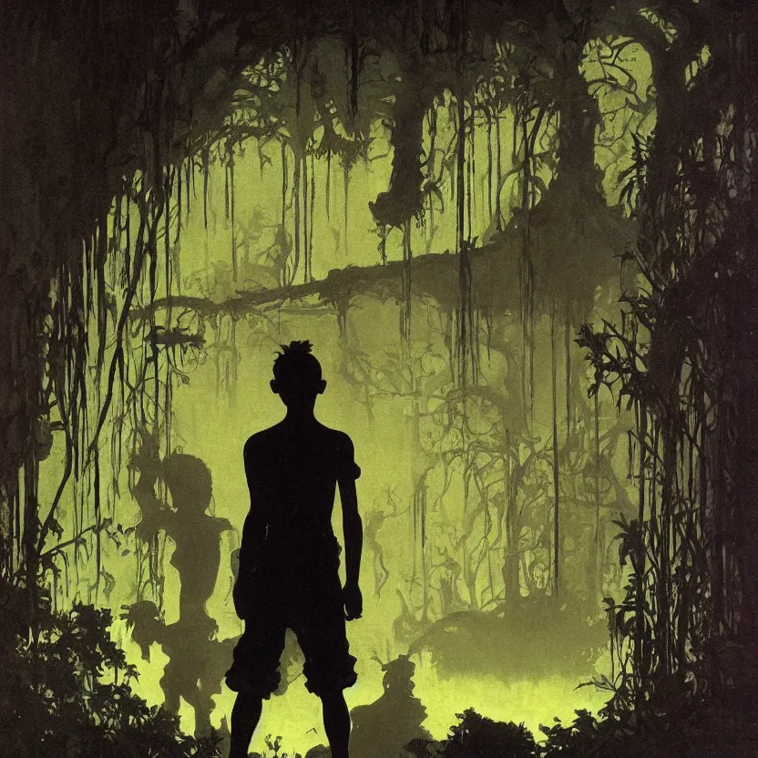 Prompt: a silhouette of boy exploring a white baroque neoclassicist halls overgrown with colorful alien swamplife. close - up view, detailed textures. glowing fog, dark black background. highly detailed fantasy science fiction painting by moebius, norman rockwell, frank frazetta, and syd mead. rich colors, high contrast