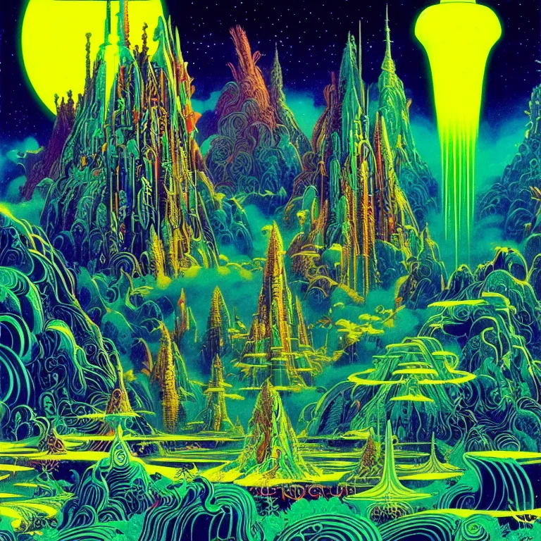 Prompt: mysterious rocket hovers over mythical crystal temple, psychedelic waves, synthwave, bright neon colors, highly detailed, cinematic, eyvind earle, tim white, philippe druillet, roger dean, ernst haeckel, lisa frank, aubrey beardsley