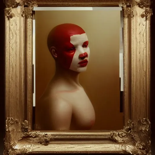 Image similar to an all white human, with no facial features, like a white mask pulled over their face, full body laying in a blood red pool of water between a golden mirror frame, outside is space and inside the mirror frame is a beautiful landscape., physically accurate, dynamic lighting, intricate, elegant, highly detailed, very very Roberto Ferri, sharp focus, illustration, art