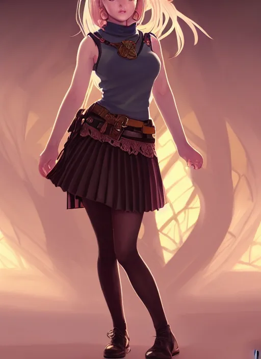 Image similar to portrait of a full body of beautiful young female detective, d & d, sleeveless turtleneck, pleated skirt, fantasy, flat lighting, intricate, highly detailed, digital painting, artstation, concept art, smooth, sharp focus, illustration, misa amane, art by simon bisley and greg rutkowski and alphonse mucha, natural tpose