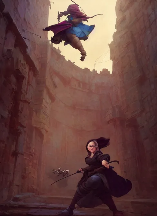 Image similar to hyper realistic photo of medieval chubby beautiful rogue thief girl, full body, rule of thirds, conceptart, saturated colors, cinematic, greg rutkowski, brom, james gurney, mignola, craig mullins, artstation, cgsociety