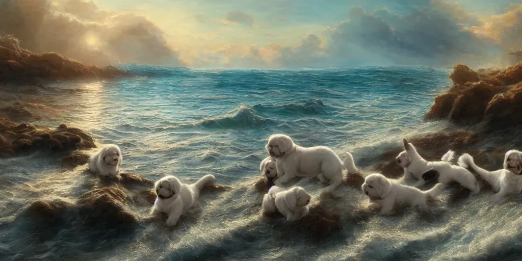 Image similar to a beautiful seascape with puppies, detailed, intricate, beautiful, masterpiece, trending on artstation