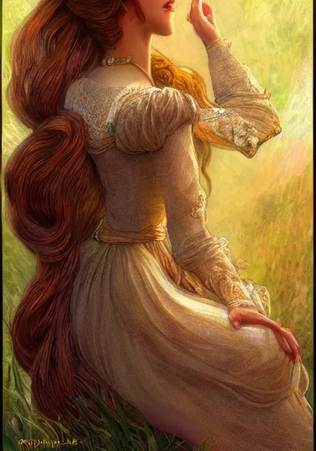 Image similar to rapunzel, intricate, elegant, highly detailed, digital painting, artstation, concept art, smooth, sharp focus, illustration, pre - raphaelite style, monet, mucha,