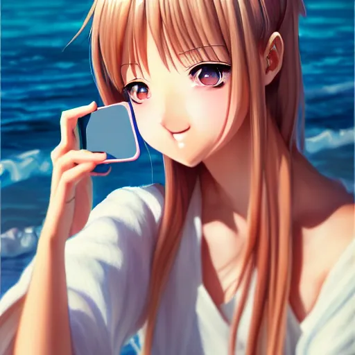 Image similar to beautiful serene intricate very detailed portrait of a realistic anime girl taking a selfie, smiling softly, wearing light loose clothing, relaxing on the beach, golden hour, soft focus, 8 k, art by irakli nadar, hyperrealism, hyperdetailed, ultra realistic