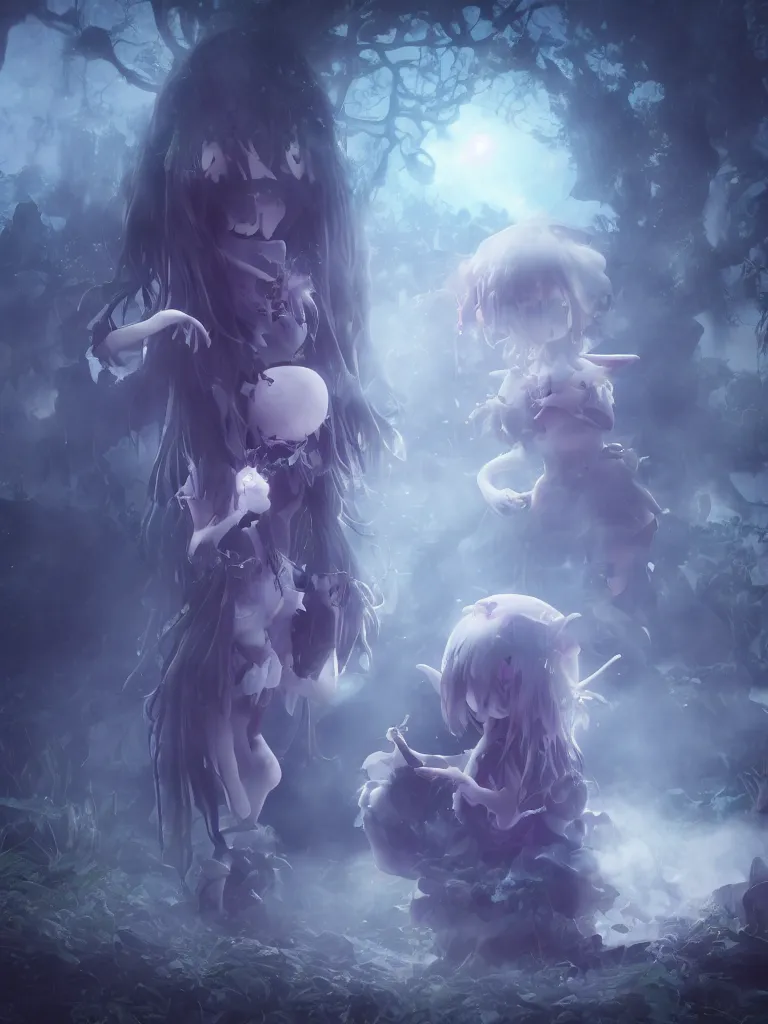 Image similar to cute fumo plush of a frail cursed witch girl wandering the depths of the forbidden jungle, gothic wraith maiden, wispy smoke and volumetric fog, beyond the mirror, filmic, symmetric beauty, moonlight midnight glow, vignette, vray