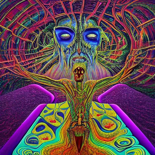 Prompt: Psychedelic DMT experience with inter-dimensional beings and insane trippy visuals in the style of an album cover by Howard Finster, Michael Cheval (unreal engine, 3d highly detailed, 8k, UHD, fantasy, dream, otherworldly, bizzare, spirals, colourful, vivid)