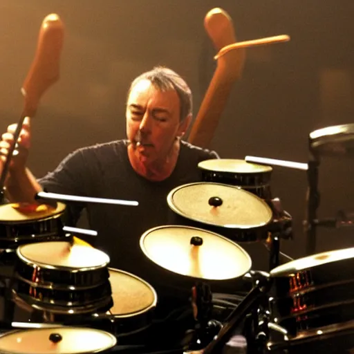 Prompt: neil peart playing a vivid drum solo on turned over pots and pans