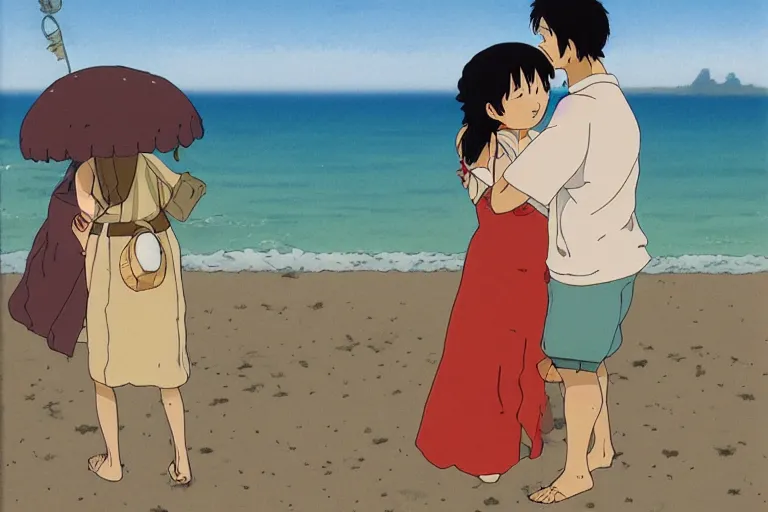 Image similar to a man hugging his beautiful wife by the beach, studio ghibli