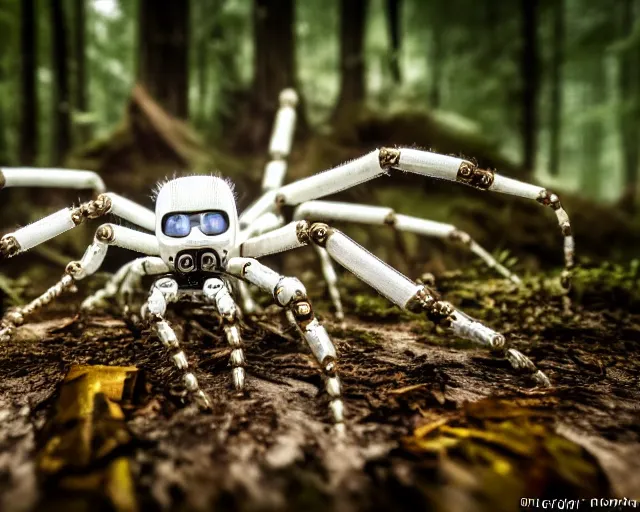 Image similar to photo of a white terminator spider with biomechanical cybernetic body in the forest. cyberpunk horror style. highly detailed 8 k. intricate. nikon d 8 5 0 5 5 mm. award winning photography.