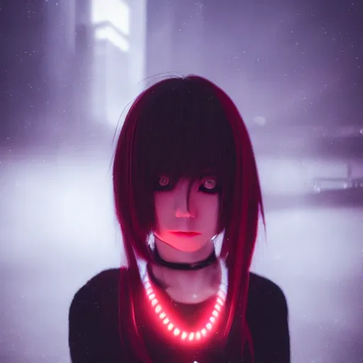 Image similar to photograph of an alternative japanese girl, dark red and white lights, anime influenced, hihgly detailed, hyper realistic, volumentric fog, raytracing