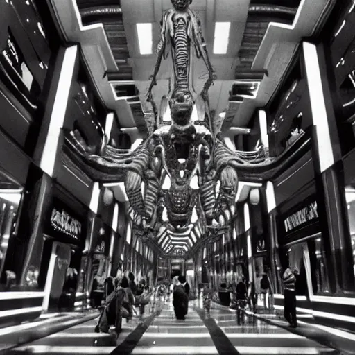Prompt: aliens in a mall by H. R. Giger, cinematic drama shot, ultra quality