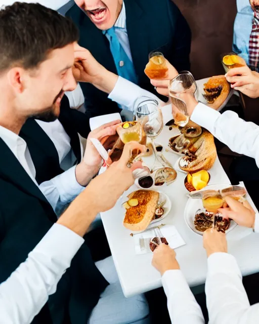 Prompt: a group of well dressed gentleman eating toothpast toasts in a fancy restaurant,