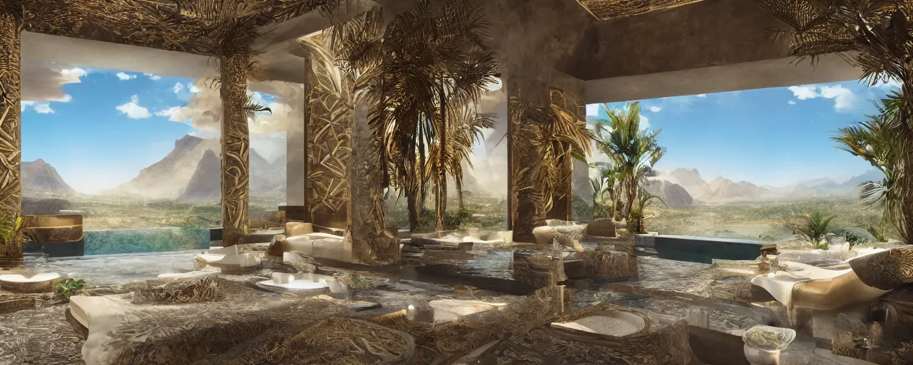 Image similar to surreal hyper luxury spa with intricate golden details with view to arid mountains and palm forest, ultra detailed, photorealism, sharp focus, volumetric light, global illumination