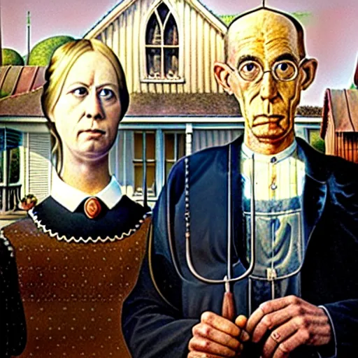 Image similar to american gothic with bananas for tines