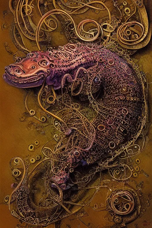 Prompt: steampunk axolotl tentacle fish, masterpiece, intricate, elegant, highly detailed, digital painting, smooth, sharp focus, illustration, art by james gurney, graeme base, brian froud, alan lee