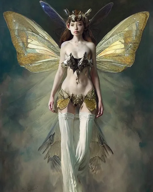 Image similar to Moth Fairy Maiden with large moth like wings wearing ornate dress by Ruan Jia and Andrei Riabovitchev, featured on Artstation, Hyperdetailed, stylized, realistic oil on linen, masterpiece, fantasy, dark academia