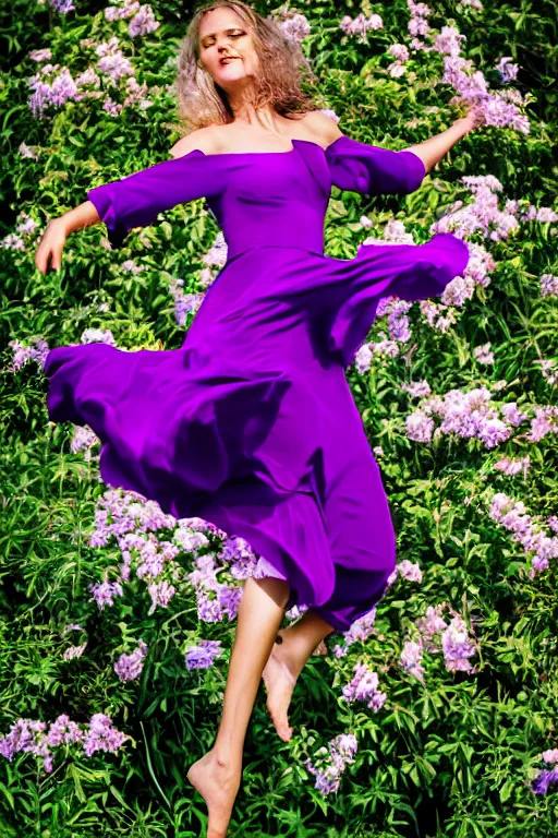 Image similar to woman dancing in a violet summer dress, fashion magazine, plants in the background, elegant, dynamic movement, photorealistic camera shot, studio lighting, crisp quality and light reflections