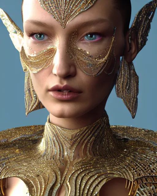 Image similar to a highly detailed metahuman 4 k close up render of an alien goddess bella hadid android in iris van herpen dress schiaparelli in diamonds crystals swarovski and jewelry iridescent in style of alphonse mucha gustav klimt trending on artstation made in unreal engine 4