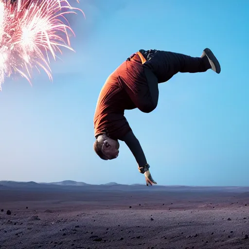 Prompt: 4 k hdr photo of elon musk doing a backflip on the surface of mars during a blue martian sunset surrounded by fireworks in the background