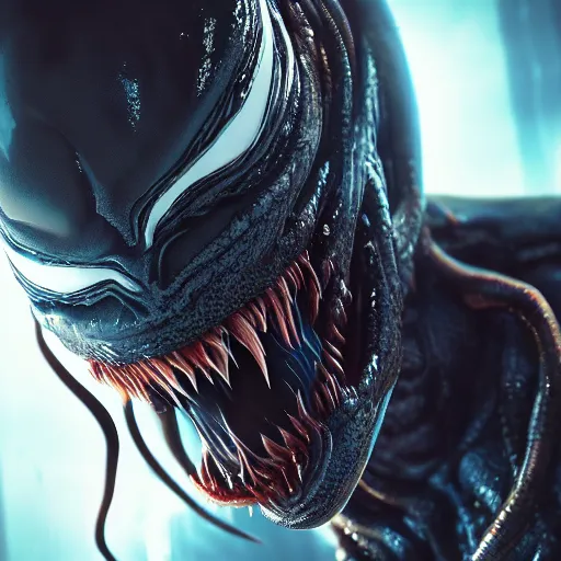 Image similar to venom portrait, close up, futuristic sci-fi, alien fabric, venom costume, black slime, roots, chrome mask, beams of light, fog atmosphere, highly detailed, atmospheric, dark aesthetics, artstation, octane rendering, ultra realistic, 8k