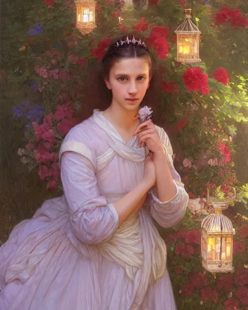 Image similar to a portrait painting of a shy, blushing 1 6 - year old alicia vikander or millie bobby brown as a princess in her flower garden with lanterns, intricate, elegant, highly detailed, artstation, concept art, by krenz cushart and donato giancola and william adolph bouguereau and alphonse mucha