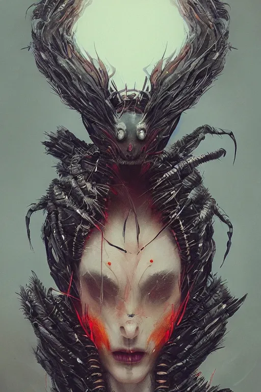 Prompt: A fancy portrait of a beautiful Jorōgumo creature by Greg Rutkowski, beeple, Sung Choi, Mitchell Mohrhauser, Maciej Kuciara, Johnson Ting, Maxim Verehin, Peter Konig, Bloodborne, 8k photorealistic, cinematic lighting, HD, high details, dramatic, dark atmosphere, trending on artstation