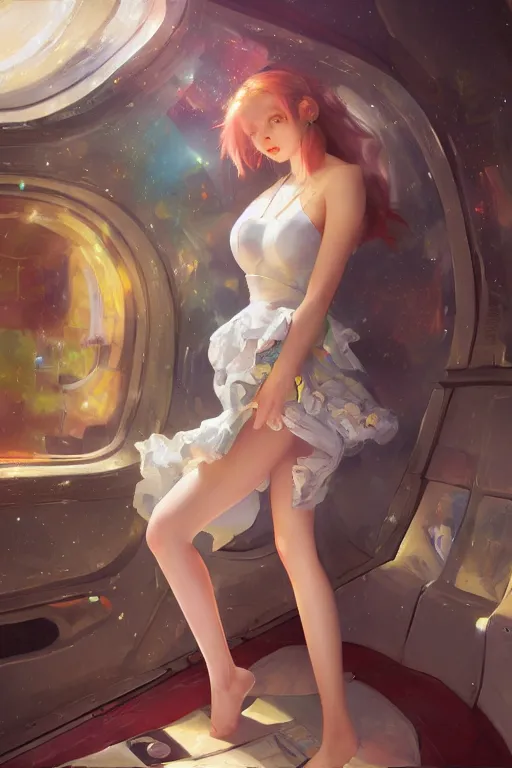 Prompt: digital art of a beautiful girl wearing a mini skirt in a medieval spaceship, expressive oil painting, by wlop, by artgerm, by dan mumford, anime style, octane render, full body shot