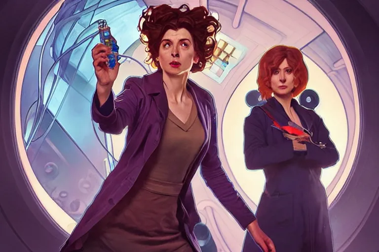 Prompt: doctor who, woman as a mad dentist in the tardis, art by artgerm and greg rutkowski and alphonse mucha