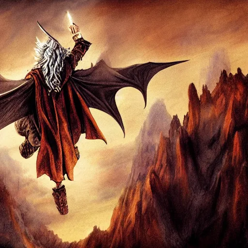 Prompt: gandalf flying on the back of smaug on his way to mordor, lotr, dragon, highly detailed, digital art,