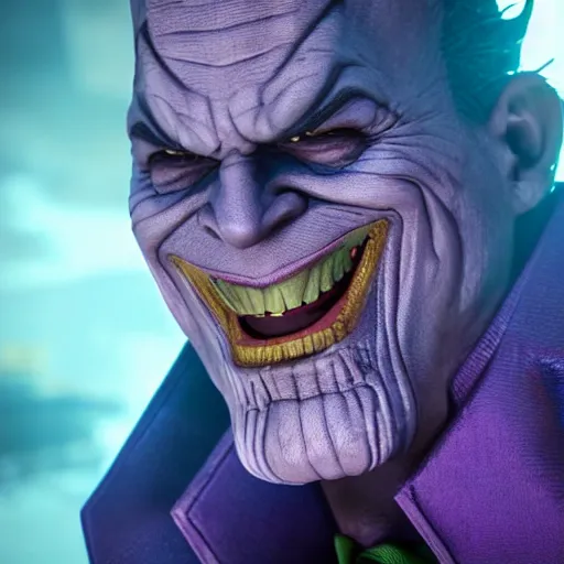 Image similar to thanos cosplaying as joker, octane render, unreal engine 5, high quality, highly detailed, close up photo, 8 k