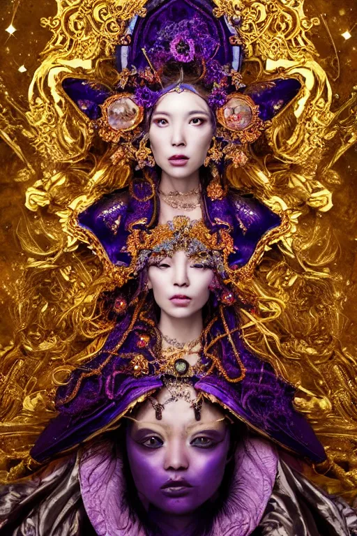 Image similar to a beautiful empress portrait, with a brilliant, impossible striking big cosmic galaxy headpiece, clothes entirely made out of cosmos chaos energy, symmetrical, dramatic studio lighting, rococo, baroque, jewels, asian, hyperrealism, closeup, D&D, fantasy, intricate, elegant, highly detailed, digital painting, artstation, octane render, 8k, concept art, matte, sharp focus, illustration, art by Artgerm and Greg Rutkowski and Alphonse Mucha