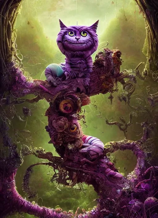 Image similar to cheshire cat, biopunk style, highly detailed, cinematic, 8 k, by megan duncanson, benjamin lacombe, adrian borda, stanley artgermm, tom bagshaw, craig mullins, carne griffiths, ayami kojima, beksinski, giger, trending on deviantart, hyper detailed, horror, full of colour