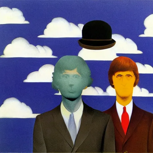 Prompt: rain of Beatles Member, in the style of Magritte, lots of music details