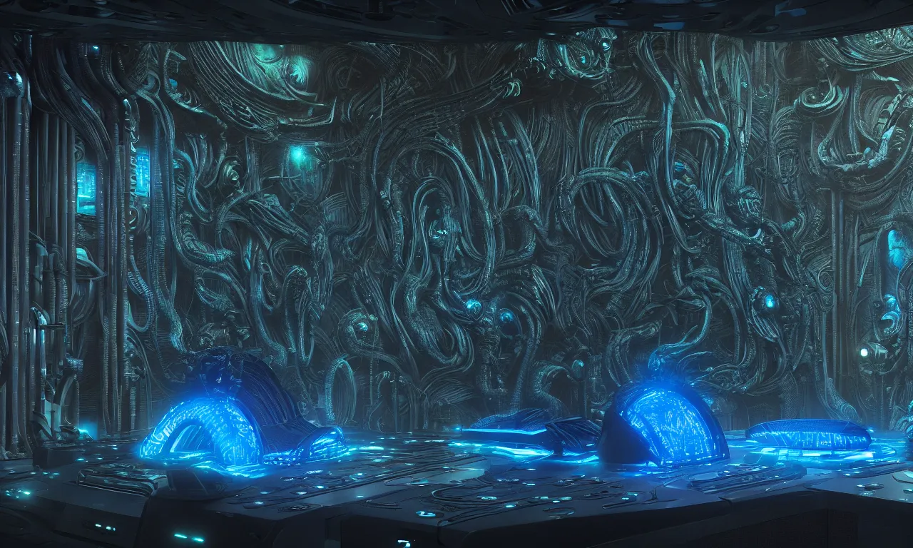 Prompt: Prometheus biological sci-fi environment set, glowing blue control panel, in a nightmarish universe of odd forms and somber tapestry, HR Giger and Vincent Di Fate, vivid color scheme, featured in artstation, octane render, cinematic, elegant, intricate, 8k