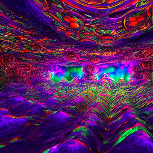 Image similar to a psychedelic 3 d octane render of a dmt trip by jonathan solter and alex grey, hyperrealistic, dramatic lighting, 8 k, unreal engine