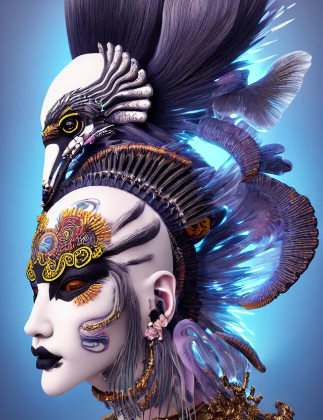 Image similar to 3 d goddess close - up profile portrait punk with mohawk with ram skull. beautiful intricately detailed japanese crow kitsune mask and clasical japanese kimono. betta fish, jellyfish phoenix, bio luminescent, plasma, ice, water, wind, creature, artwork by tooth wu and wlop and beeple and greg rutkowski