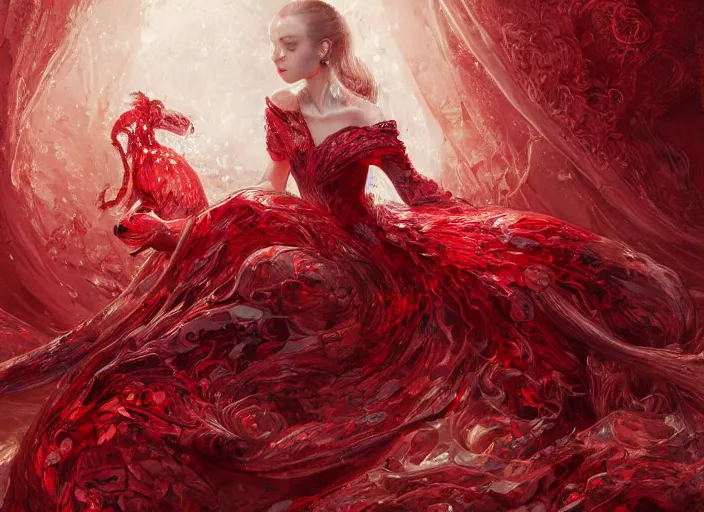 Image similar to woman in love sit upon a scarlet coloured beast, pain, royal dress, light effect, hyper detailed, intricate, elegant, highly detailed, digital painting, artstation, concept art, matte, sharp focus, illustration, by james jean, andrei riabovitchev, marc simonetti, yoshitaka amano