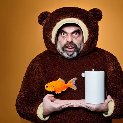 Prompt: a grumpy human man wearing a bear costume, holding a goldfish bowl, photography, 4 k