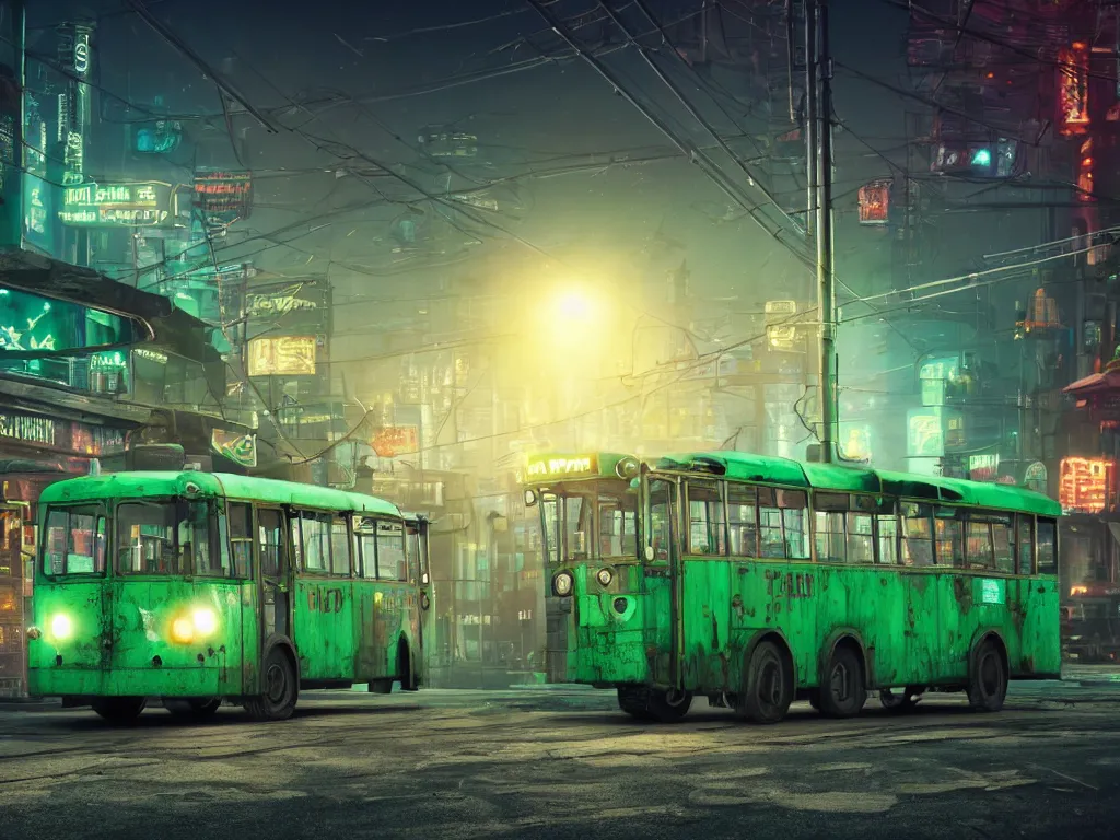 Prompt: an old shabby green trolleybus stands at a stop on the other planet, headlights shine with neon light, in the background in the distance the earth, atmospheric, futuristic, cyberpunk, ray tracing global illumination, 8 k resolution, ultra detailed