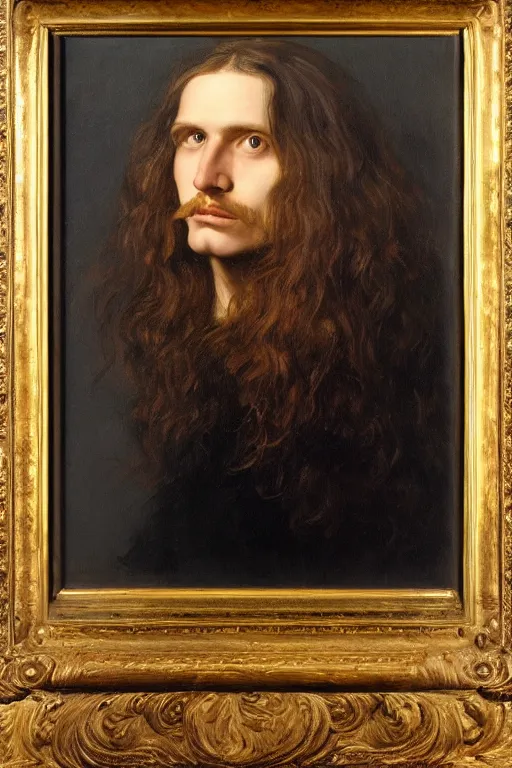 Image similar to a painting of a man with long hair, a portrait by Robert Lenkiewicz, cg society, pre-raphaelitism, da vinci, studio portrait, oil on canvas