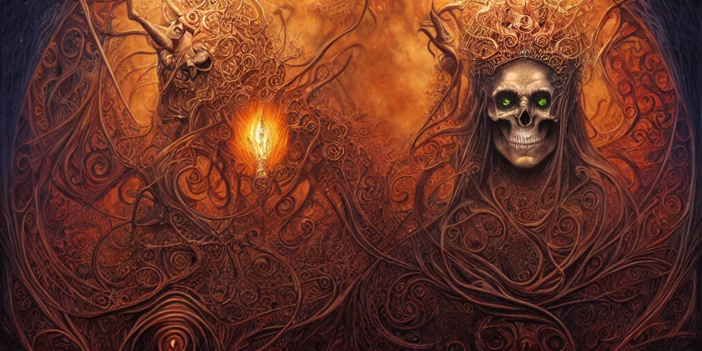 Image similar to A beautiful detailed orixa, tarot card, by tomasz alen kopera and Justin Gerard, symmetrical features, ominous, magical realism, texture, intricate, ornate, royally decorated, skull, skeleton, whirling smoke, embers, red adornements, red torn fabric, radiant colors, fantasy, trending on artstation, volumetric lighting, micro details, 3d sculpture, ray tracing, 8k, anaglyph effect