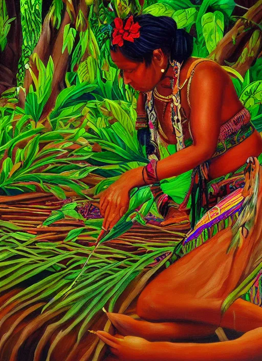 Prompt: a beautiful painting of an indigenous female doing crafting of a beautiful fabric in the jungle, realistic, ayahuasca