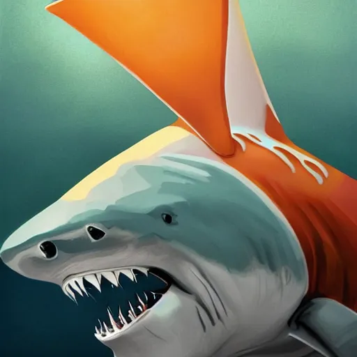 Image similar to great white shark, side view, with a conical orange traffic cone instead of a fin - ron cheng & alphonse mucha, highly detailed, digital painting, ray tracing, concept art, illustration, smooth sharp focus, intricate, symmetry, artstation,