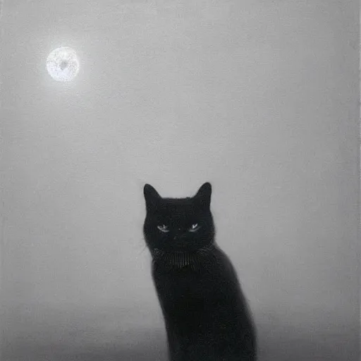 Prompt: man walking alone in the moonlight with a black cat beside it, an ultrafine detailed painting by zdzisław beksinski, low contrast, surrealism, cgsociety, precisionism, 2 d game art, mist, dystopian art