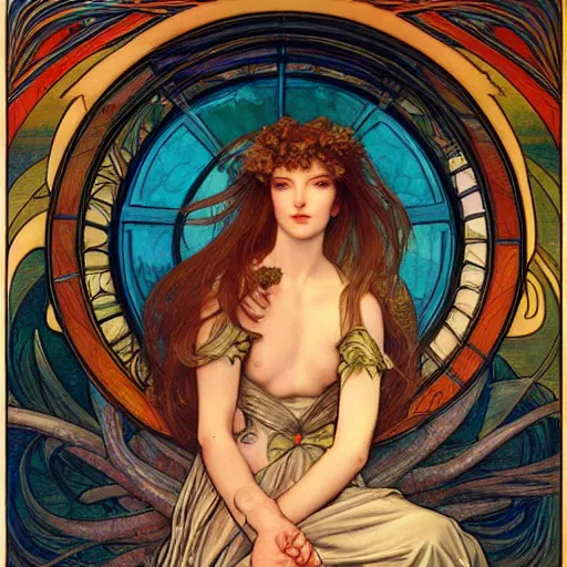 Image similar to a painting in the style of ayami kojima and in the style of jean delville and in the style of alphonse mucha.