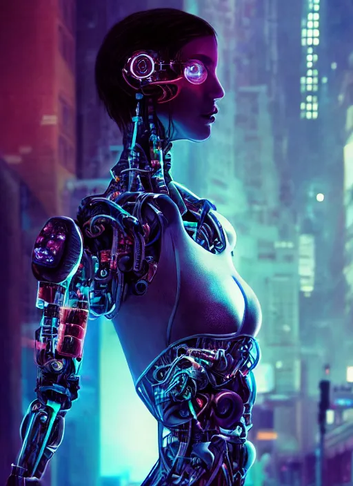 Image similar to cyberpunk,sci-fi, fantasy,Kodak Portra 400, 8K, soft light, volumetric lighting, highly detailed photo of a beautiful cyborg robot woman in a street of new york + face,night, fog, cyan lighting, intricate, elegant, highly detailed, digital painting, artstation, concept art, smooth, sharp focus, illustration,art by artgerm and greg rutkowski and alphonse mucha , sigma art 85mm F1.8