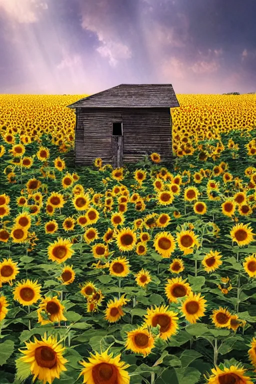 Prompt: dilapidated shack in a sunflower field sliced in half by a iridescent glass crack shattering the sky down from from the clouds, photorealism, 8k, artstation trending, Ray Tracing, octane renderer, high detail, vollumetric lighting