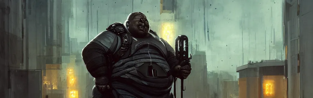 Image similar to portrait of a fat man sci fi soldier ranger, brutalist city architecture, dark epic, cables and wires, high details, ceremonial clouds, dripping paint, fibonacci rhythm, artstation, art germ, wlop, pablo dominguez, sabbas apterus, award - winning, artstation