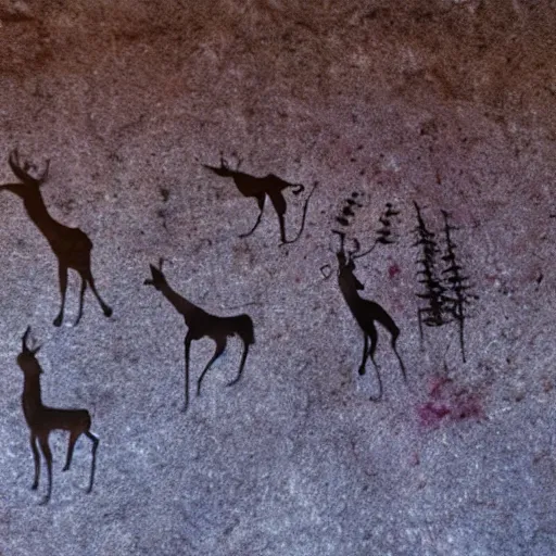 Prompt: Prehistoric cave paintings made of berry paint on ancient cave walls at sunrise depicting deer hunting with minimalist characters.